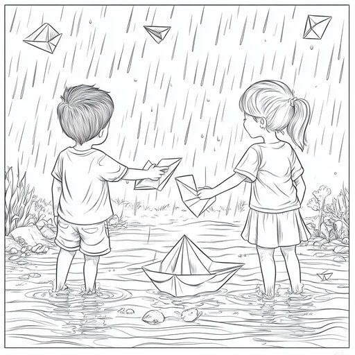 Children playing with paper boats in the rain