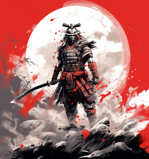 Japanese warrior on red background, realistic yet stylized