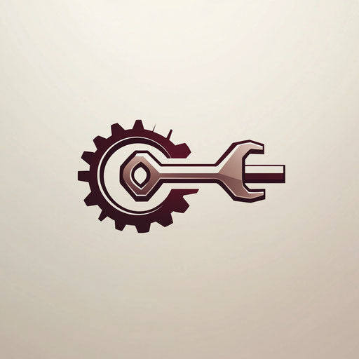 Professional construction company logo with unique interlocking gear and wrench icon integrated with sleek minimalist typography, in a rich burgundy and silver color palette, isolated on a flat beige background