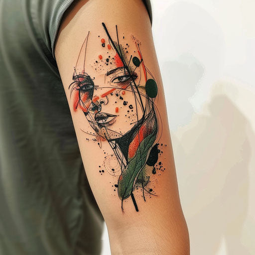 Contemporary flat tattoo sketch with sage motif and splattered paint effect