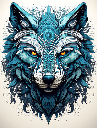 Blue gray pattern of a wolf head on a white wall