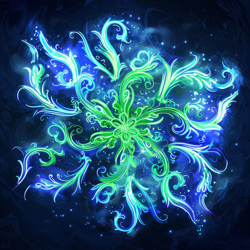 Dynamic tattoo sketch of a swirling snowflake in clipart style, highlighted with neon green and blue
