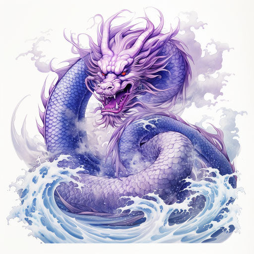Purple dragon on white background, realistic tattoo manga style