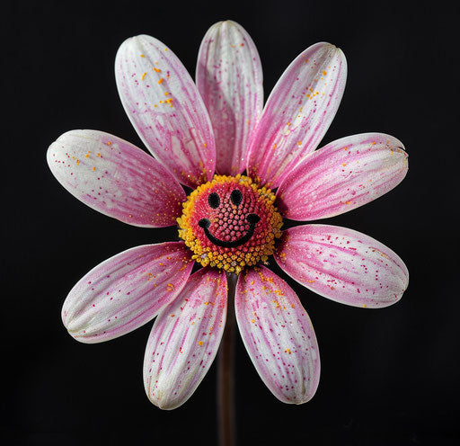 Pink and white smiling face flower clipart, black background