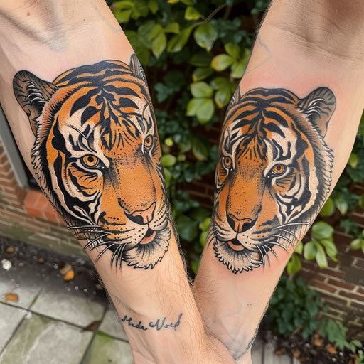 Matching tattoos for friends of a tiger, in the style of Guy Aitchison