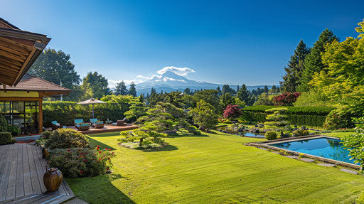 Japanese garden with pool and mountain in Oregon