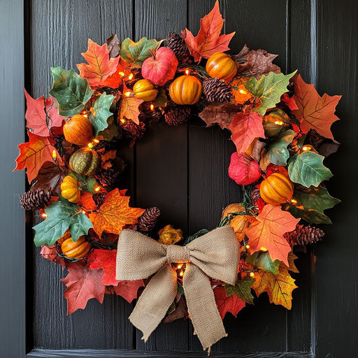 Wreath of fall leaves and small gourds with a burlap bow and fairy lights
