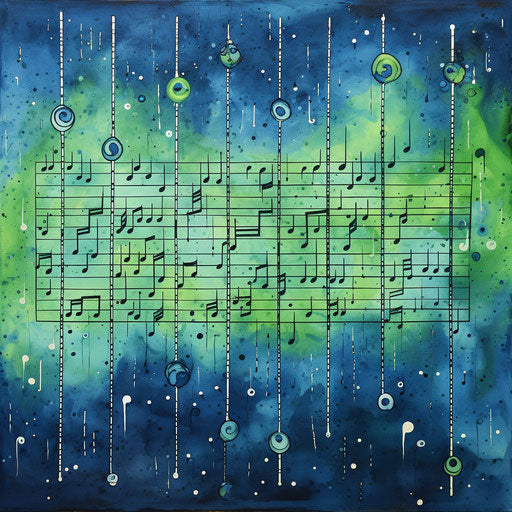 Music notes on very short stave in green and blue