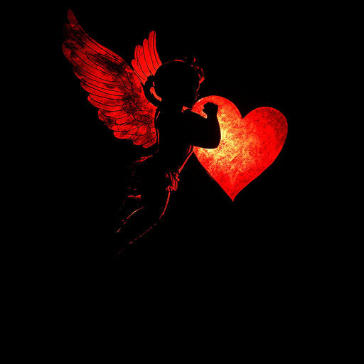 Lit red silhouette of Cupid with a heart on black background
