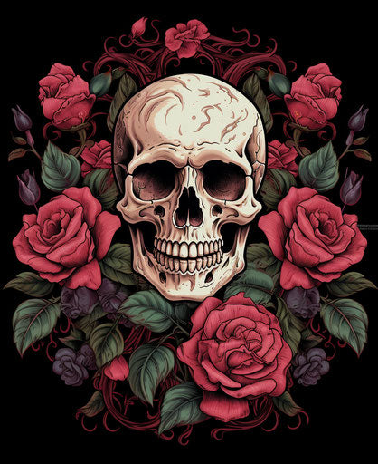 Skull adorned with roses, decadent graphic style, outlined art