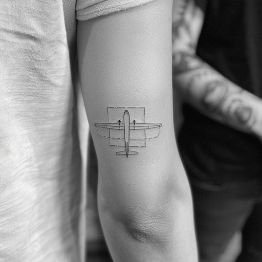 Minimalist airplane line art tattoo, centered on white square canvas