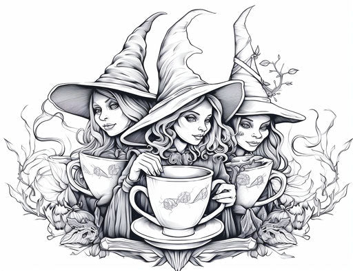 Three witches in a mug in contrasting style