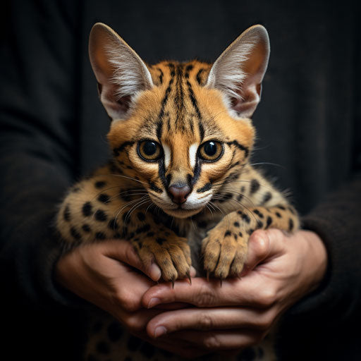 A serval cat held by its owner