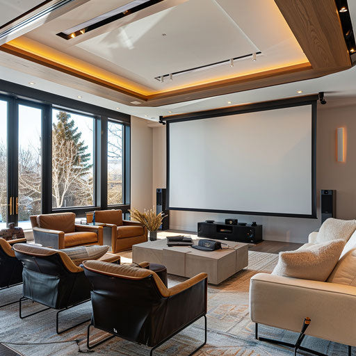 Home office with ceiling-mounted projector and screen