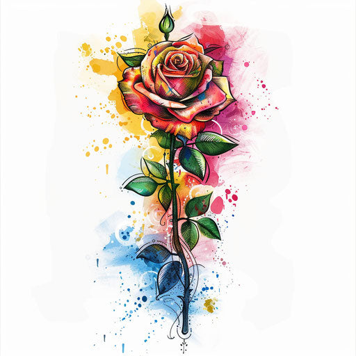 Flat tattoo sketch with vibrant watercolor splashes, single needle