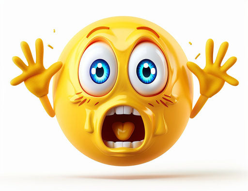Scared emoji clipart, cute yellow face with open mouth and blue eyes, hands up in the air, white background, vector illustration style