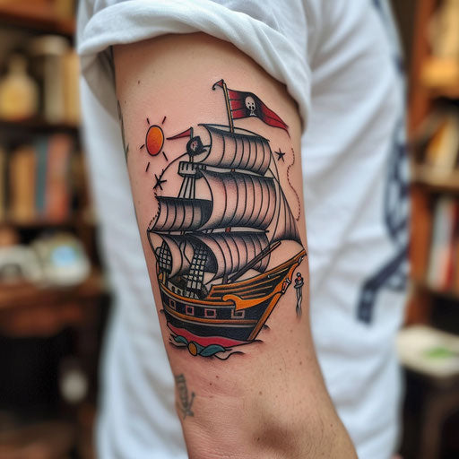 Pirate ship tattoo on the elbow