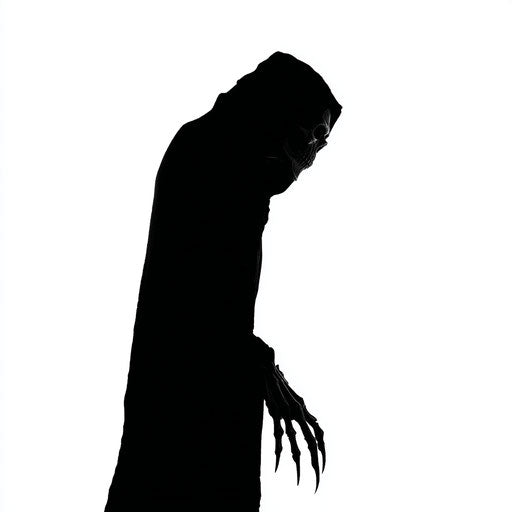 Silhouette of a menacing figure against a white backdrop