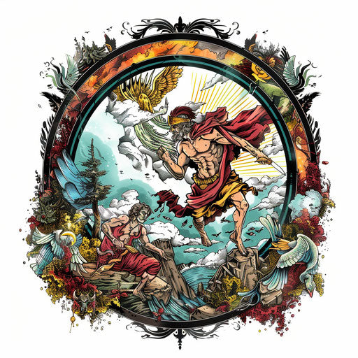 Roman mythology scene in vibrant tattoo on white backdrop