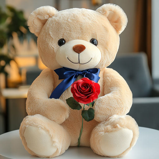 Teddy bear with red rose on white table