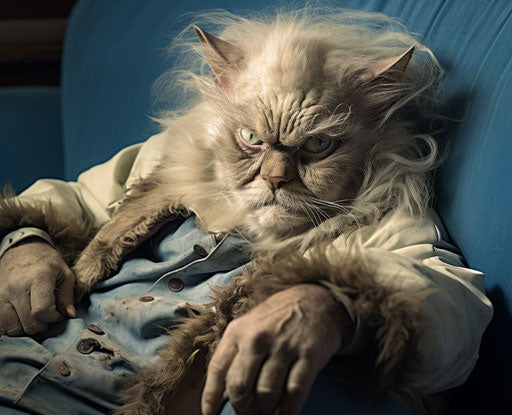 Elderly cat on couch with strong facial expression