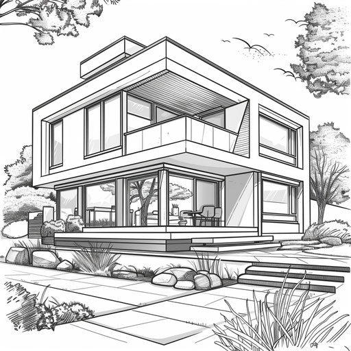 Modern house with large windows and sleek garden