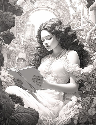 Black and white drawing of a girl in a book reading garden