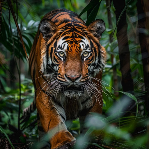 Striking contrast of orange and black fur on a tiger against deep green background, illuminated by a shaft of sunlight