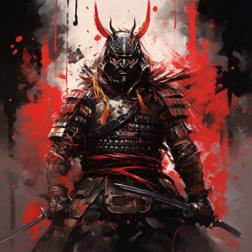Samurai in armor and rag, hyper-realistic bold colorful style