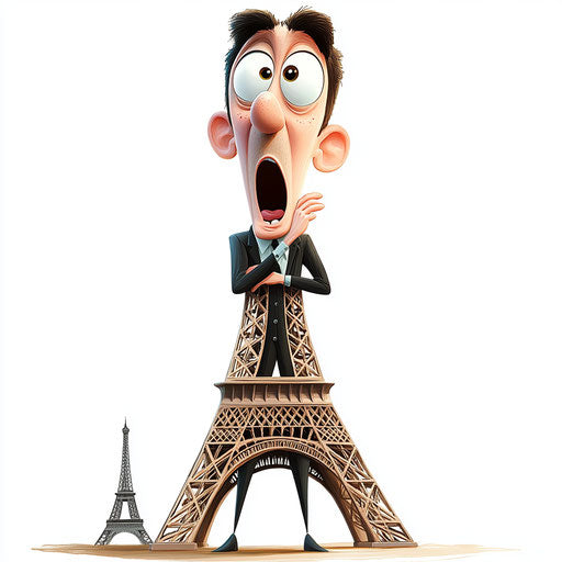 Humorous caricature of an Eiffel Tower with human characteristics