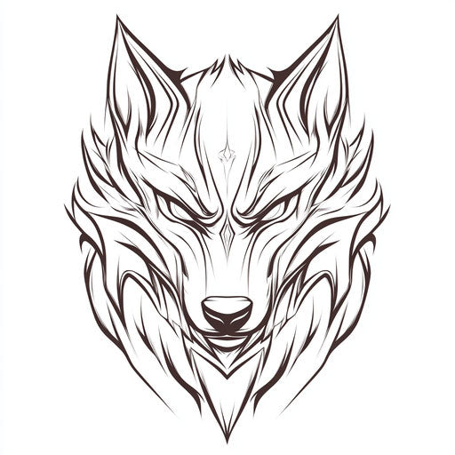 Flat tattoo sketch of fierce wolf on pure white background
