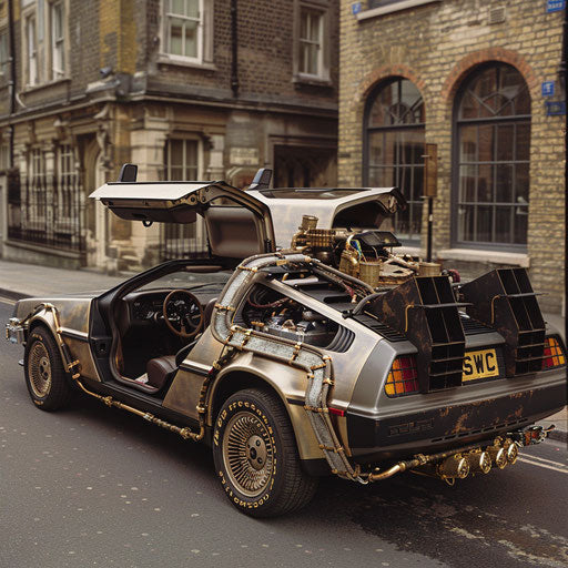 Steampunk car in Victorian London street