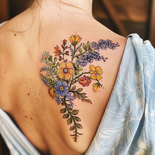 Wildflower shoulder tattoo, cascading design, vibrant colors, elegant flow