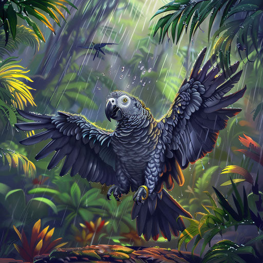 African grey parrot playing in tropical rain