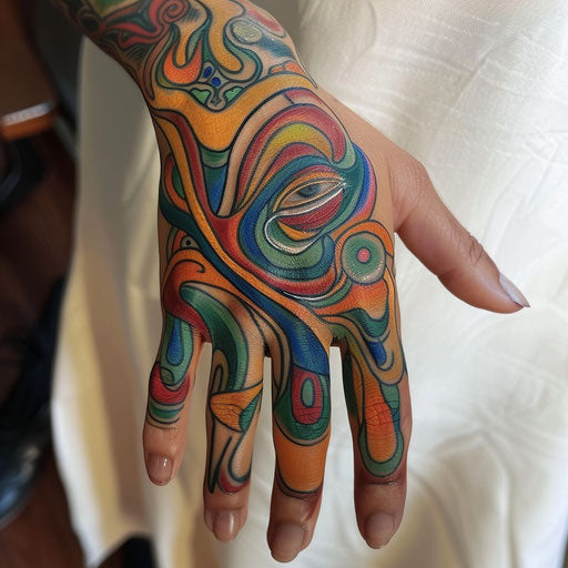 Colorful abstract hand tattoo representing empowerment