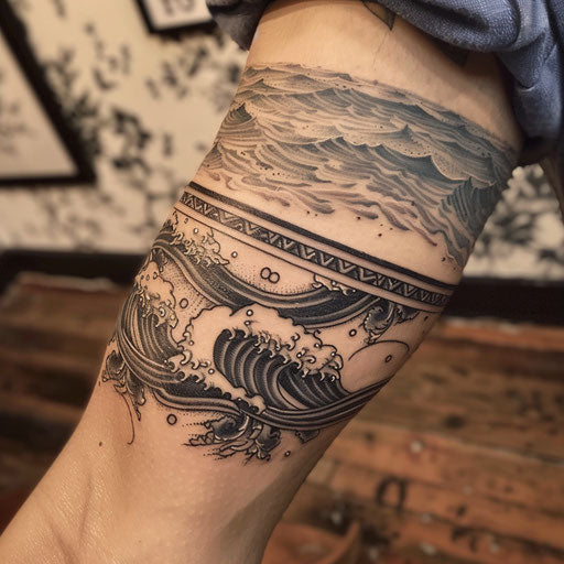Waves and ocean elements armband tattoo, Ami James style