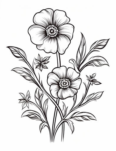 Adult flower coloring pages, quirky shapes, simplistic cartoon