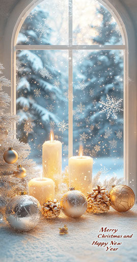 Christmas candles, golden and silver ornaments, snow-covered trees