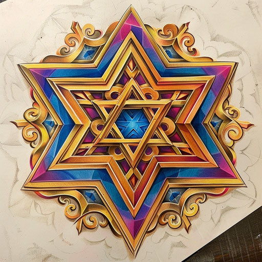 Neo-traditional tattoo sketch of a Star of David with rich colors and intricate details