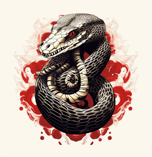 Drawing of a black and white snake, realistic yet stylized