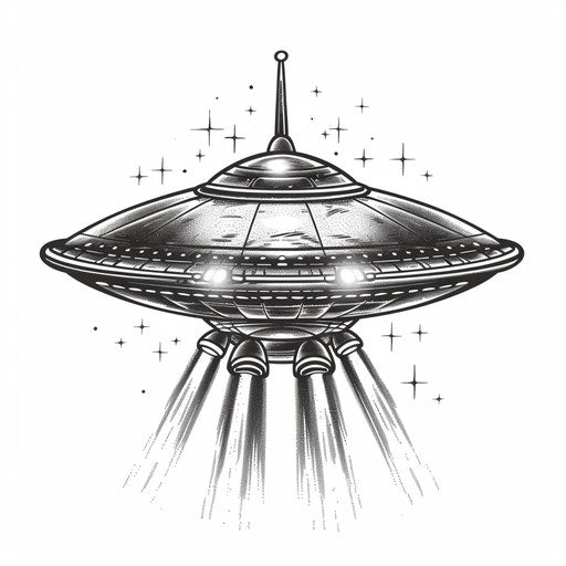 Black & grey UFO tattoo design with detailed flying saucer