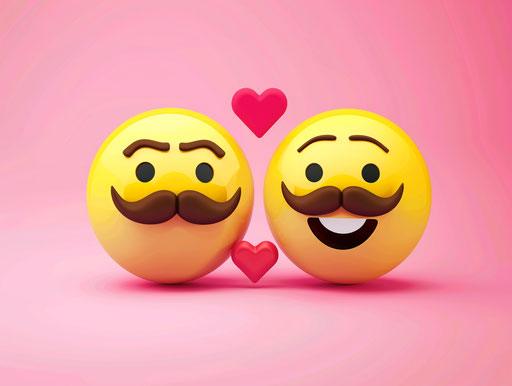 Smiley faces with mustache and in love emojis on pink background