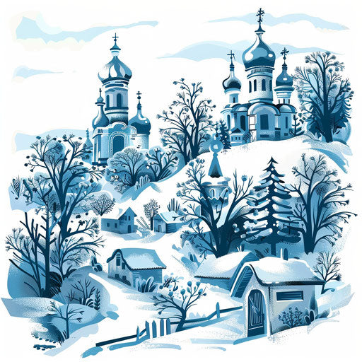 Russian winter scene in flat tattoo style