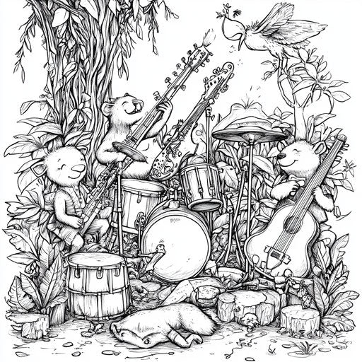 Whimsical jungle scene with animals playing instruments