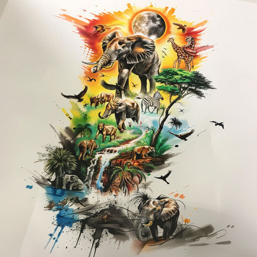 African safari: scene with moving animals, tattoo design