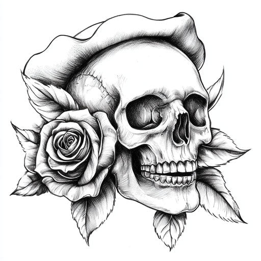 Mafia tattoo sketch with rose and skull on white background
