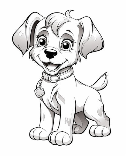 cartoon puppy on white background, magnified ornamentation style
