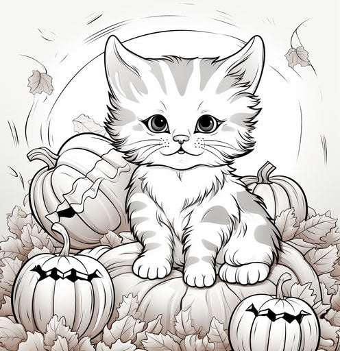 Happy kitten in autumn with pumpkins