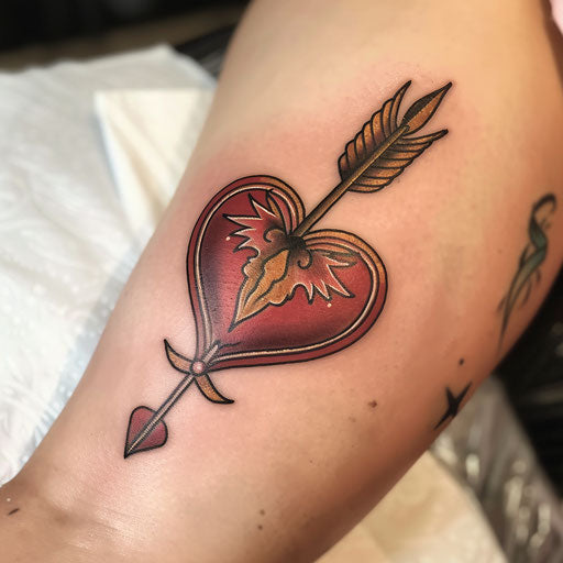 Heart pierced by arrow, neo-traditional style tattoo