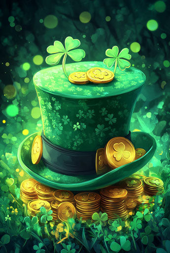 Green hat with gold coins and shamrocks on vibrant background